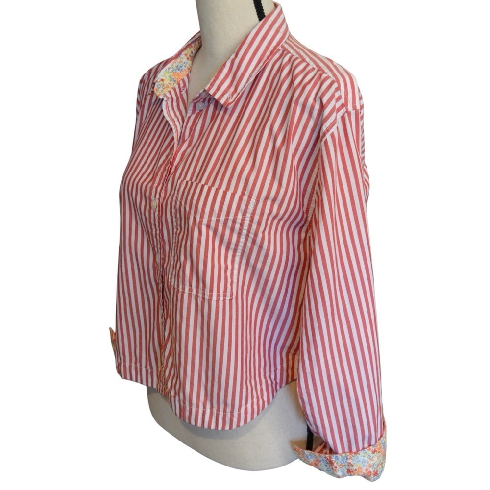 American Eagle Red & White‎ Pinstriped Cropped Button Down Blouse, Small - Picture 2 of 11